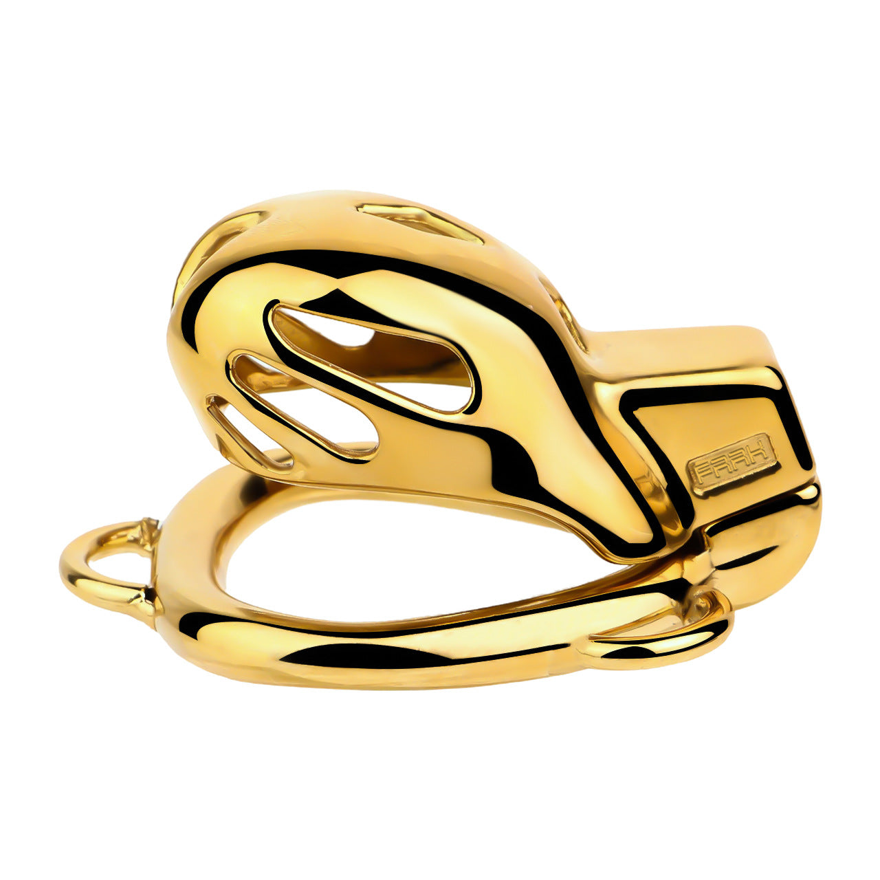 Golden Short Smooth Stainless Steel Cobra Cage with Belt Chastitycage.cc