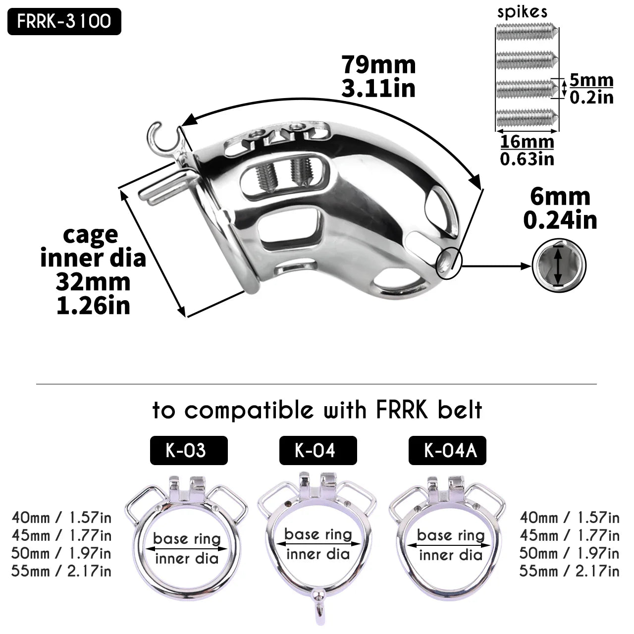 Metal Botted Male Chastity Cage with Belt