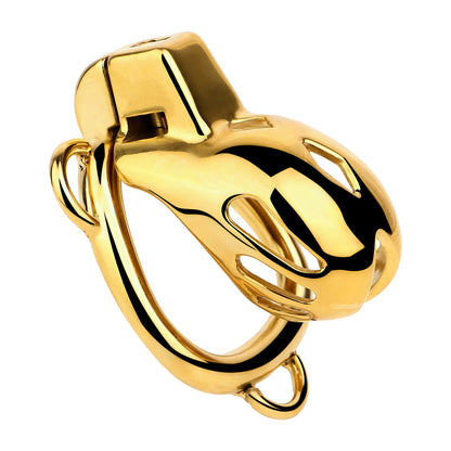Golden Short Smooth Stainless Steel Cobra Cage with Belt Chastitycage.cc