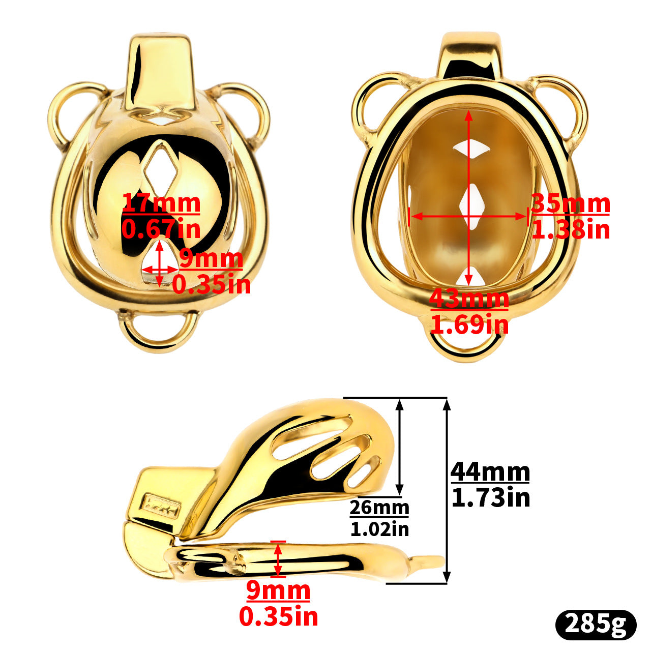 Golden Short Smooth Stainless Steel Cobra Cage with Belt Chastitycage.cc