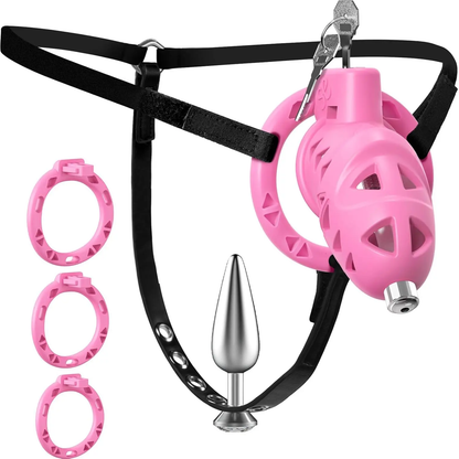 Pink Rattler Chastity Cage with Anal Plug Chastitycage.cc
