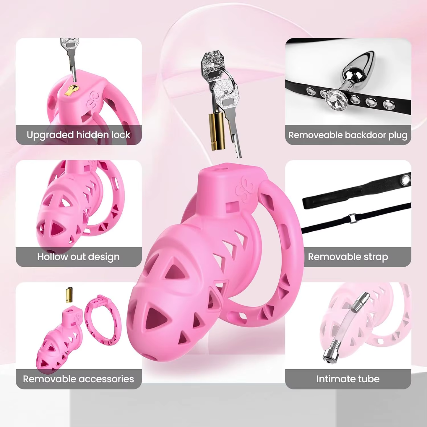 Pink Rattler Chastity Cage with Anal Plug Chastitycage.cc