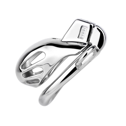 Short Smooth Stainless Steel Cobra Cage with Belt Chastitycage.cc